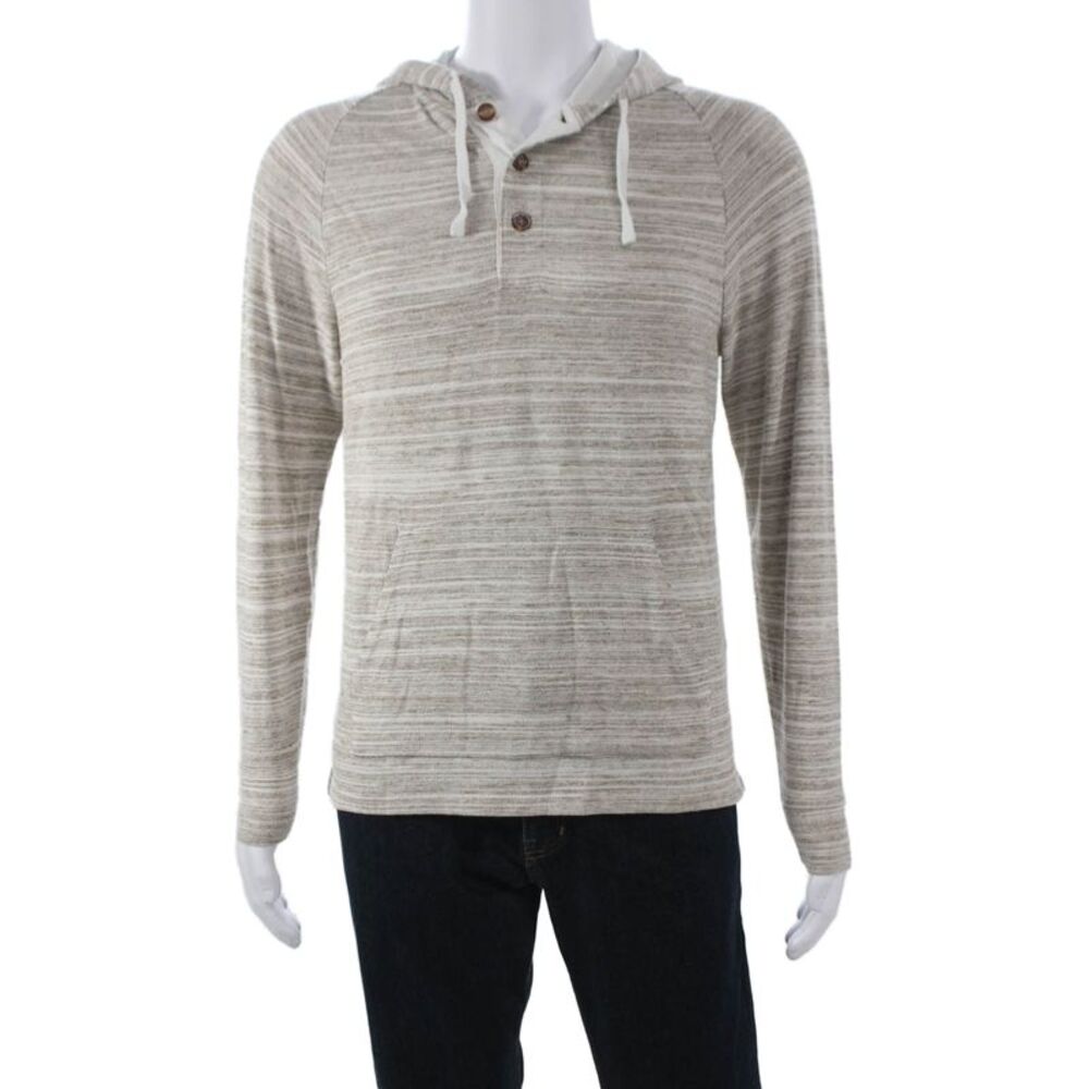 Vince Mens Henley Hoodie Beige Striped Cotton Long Sleeve Size S
